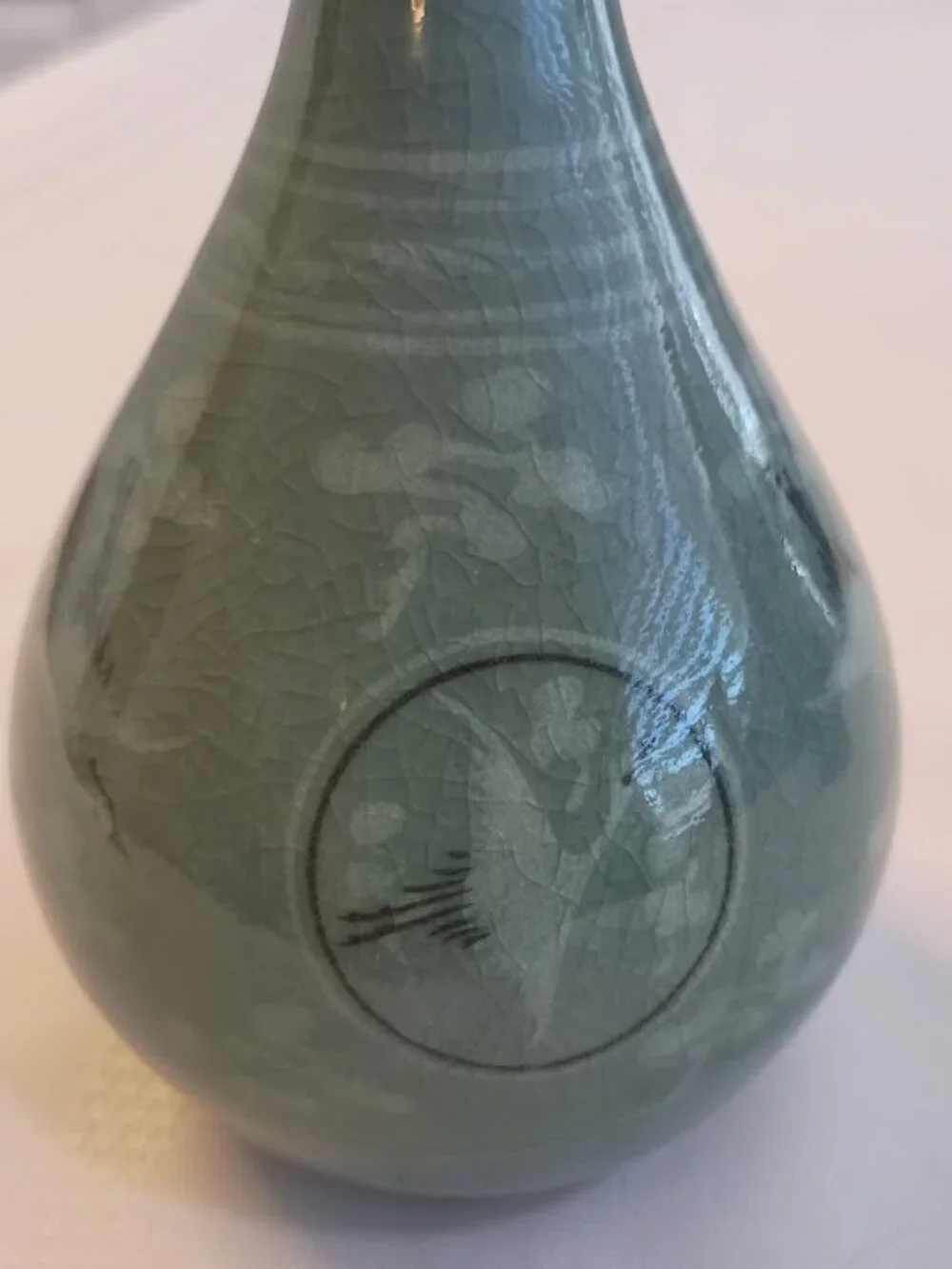 Vintage Korean Celadon Vase Set with Cranes and Clouds